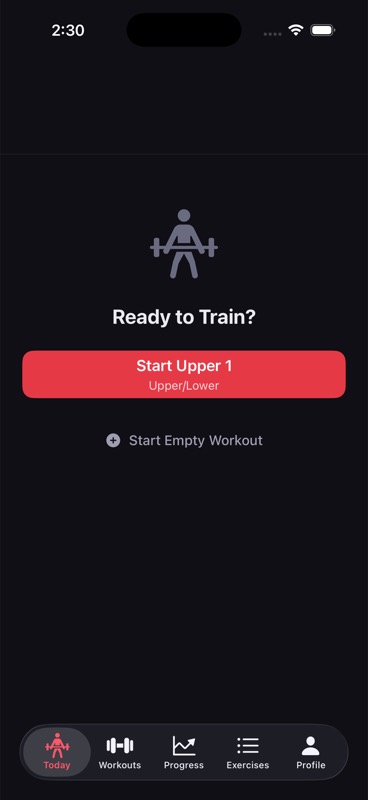Today tab showing the next scheduled workout and ready-to-train state