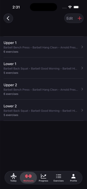 Upper / Lower routine detail screen in LiftProof